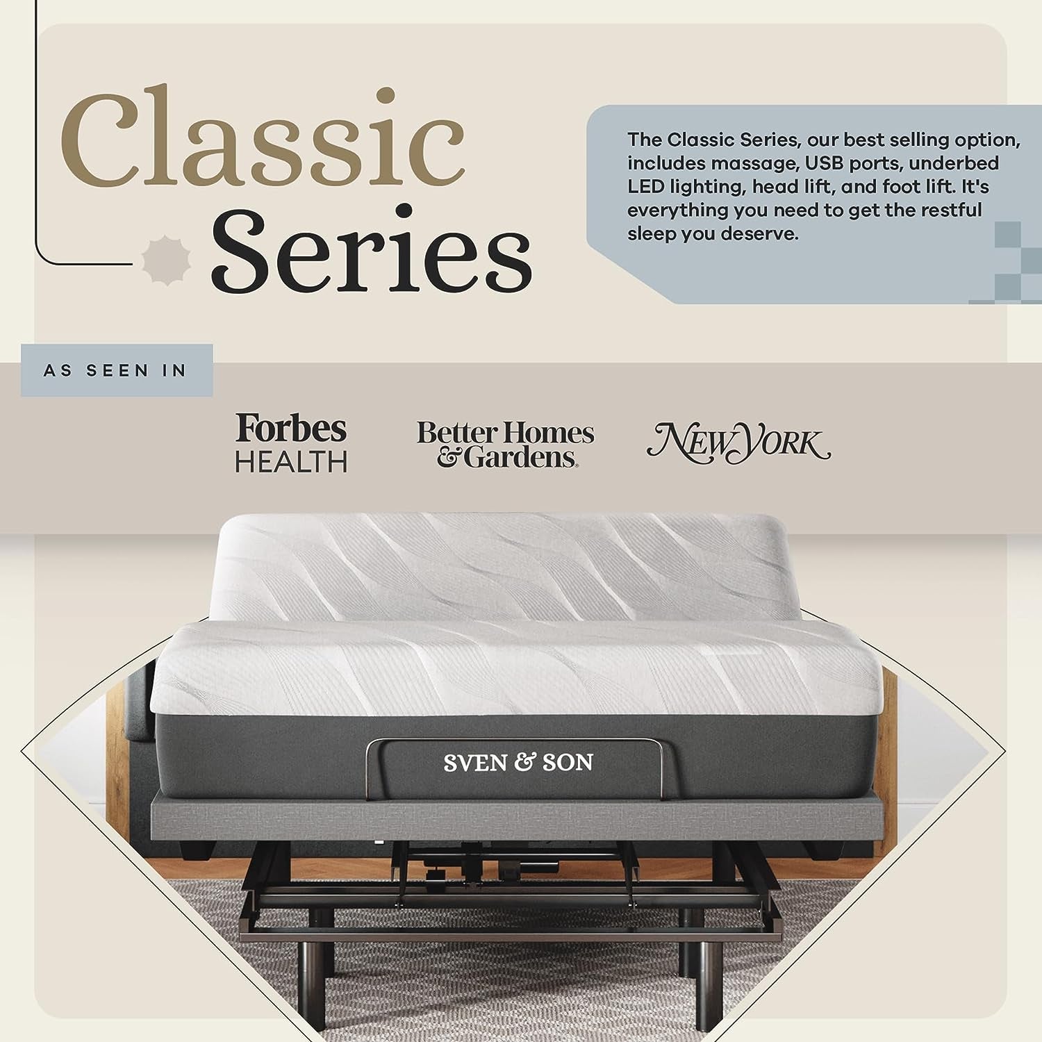 Sven & Son Queen Adjustable Bed Base Frame + 10” Luxury Cool Gel Memory Foam Mattress, Head up Foot Up, USB Ports, Zero Gravity, Interactive Dual Massage, Wireless, Classic (Queen)