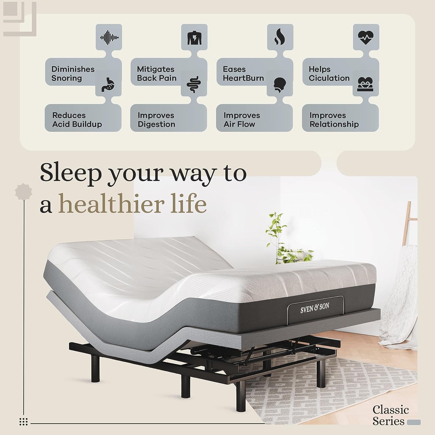 Sven & Son Queen Adjustable Bed Base Frame + 10” Luxury Cool Gel Memory Foam Mattress, Head up Foot Up, USB Ports, Zero Gravity, Interactive Dual Massage, Wireless, Classic (Queen)